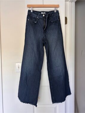 Good American Dark Indigo Wide Leg Jeans with Raw Hem